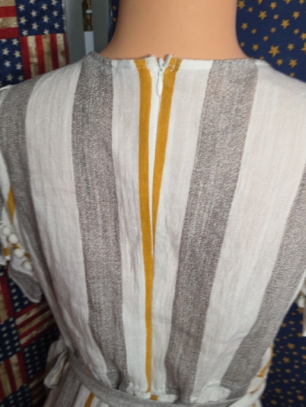 Simplee Apparel White, Gray & Mustard Striped Wrap Mini Dress - Picture 9 of 9
